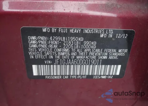 2013 Subaru Impreza 2.0I из США, поврежденный, VIN JF1GJAA60DG019011